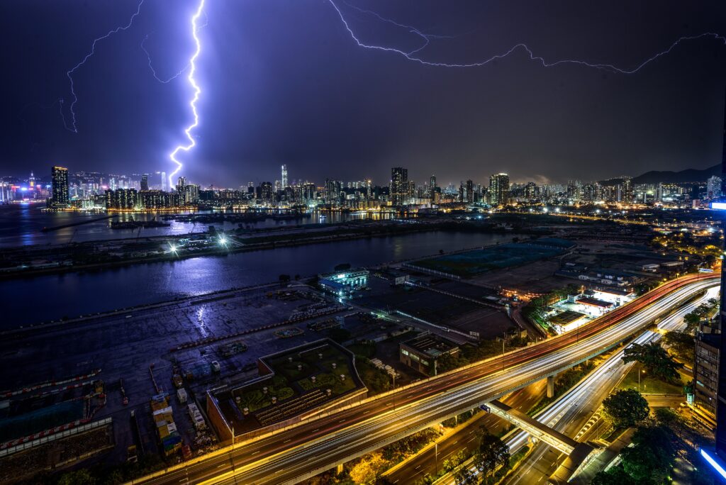 A thunderstorm over a city