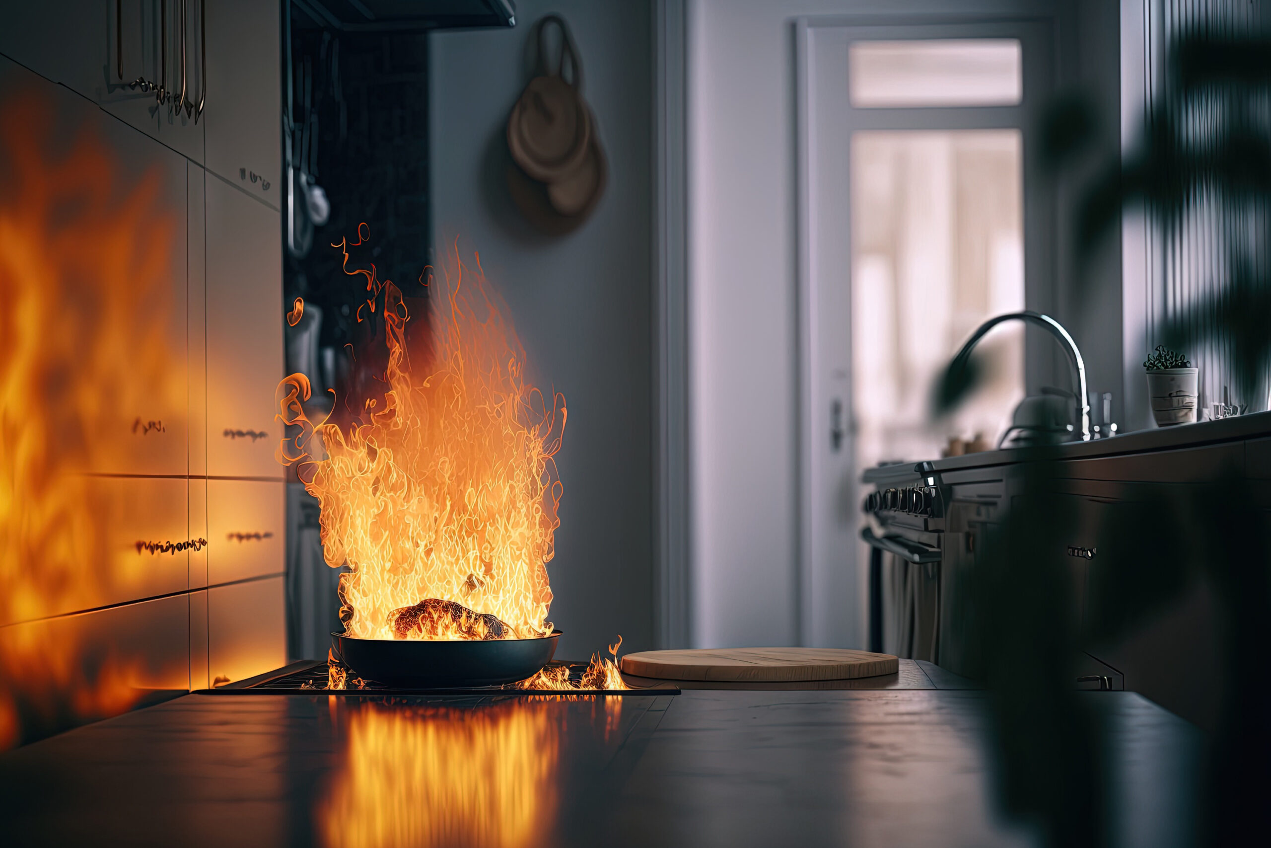 A kitchen stove with a pot on fire.