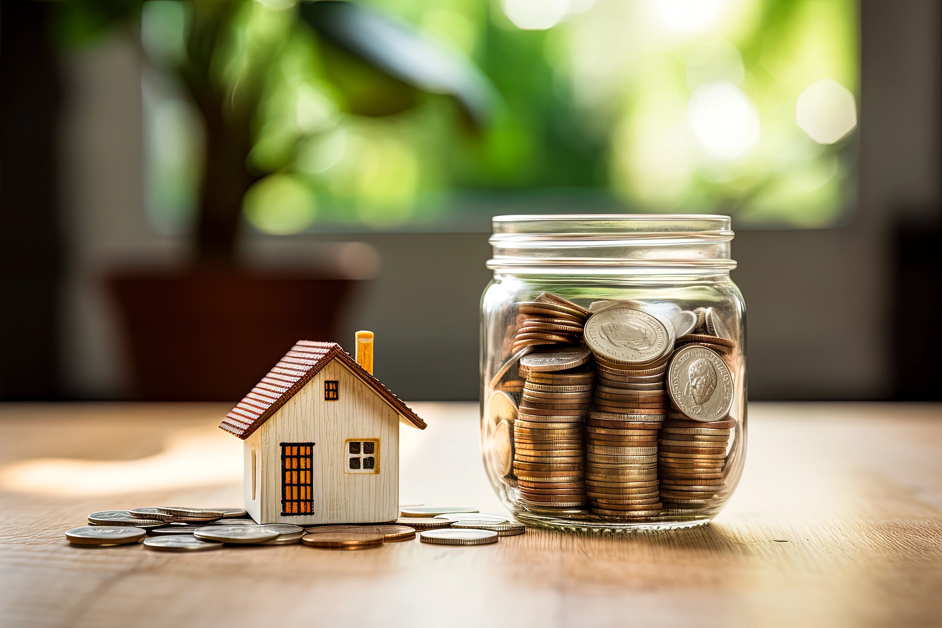 Jar of change and change around a little house on a table.